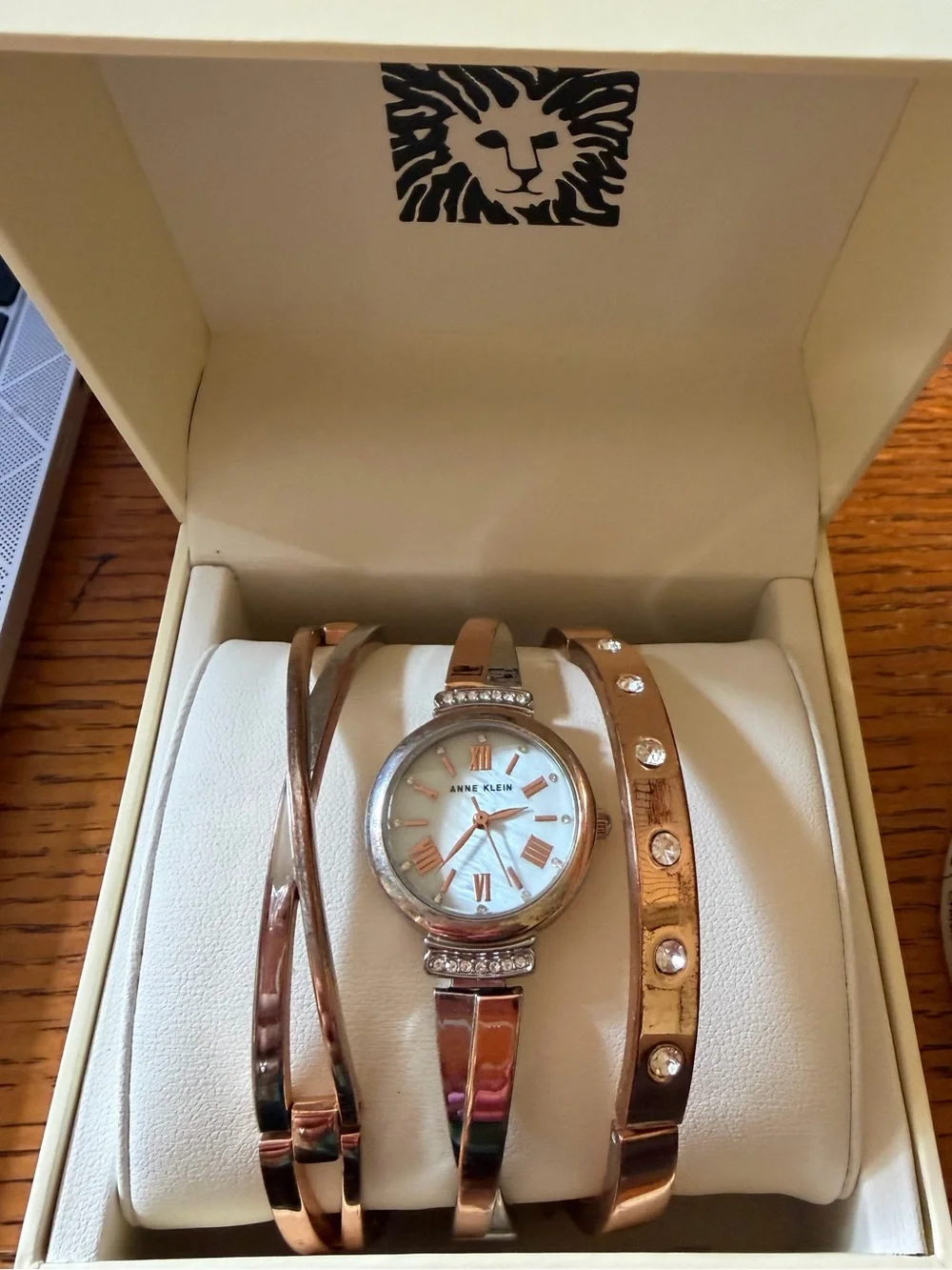Anne Klein Rose Gold Tone Mother-of-Pearl Watch and Bangle Trio